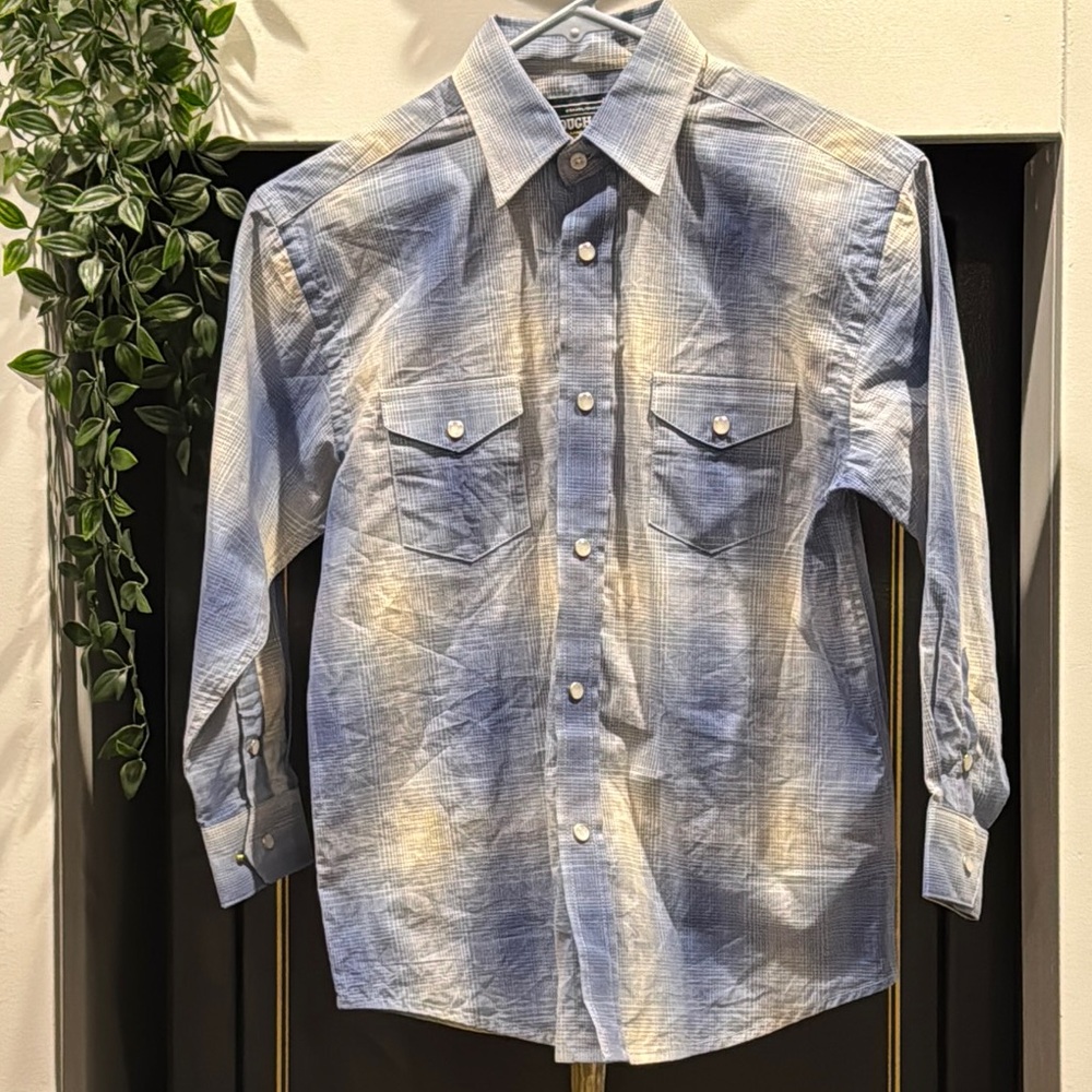 Blue Button Down Shirt with Subtle Plaid Pattern